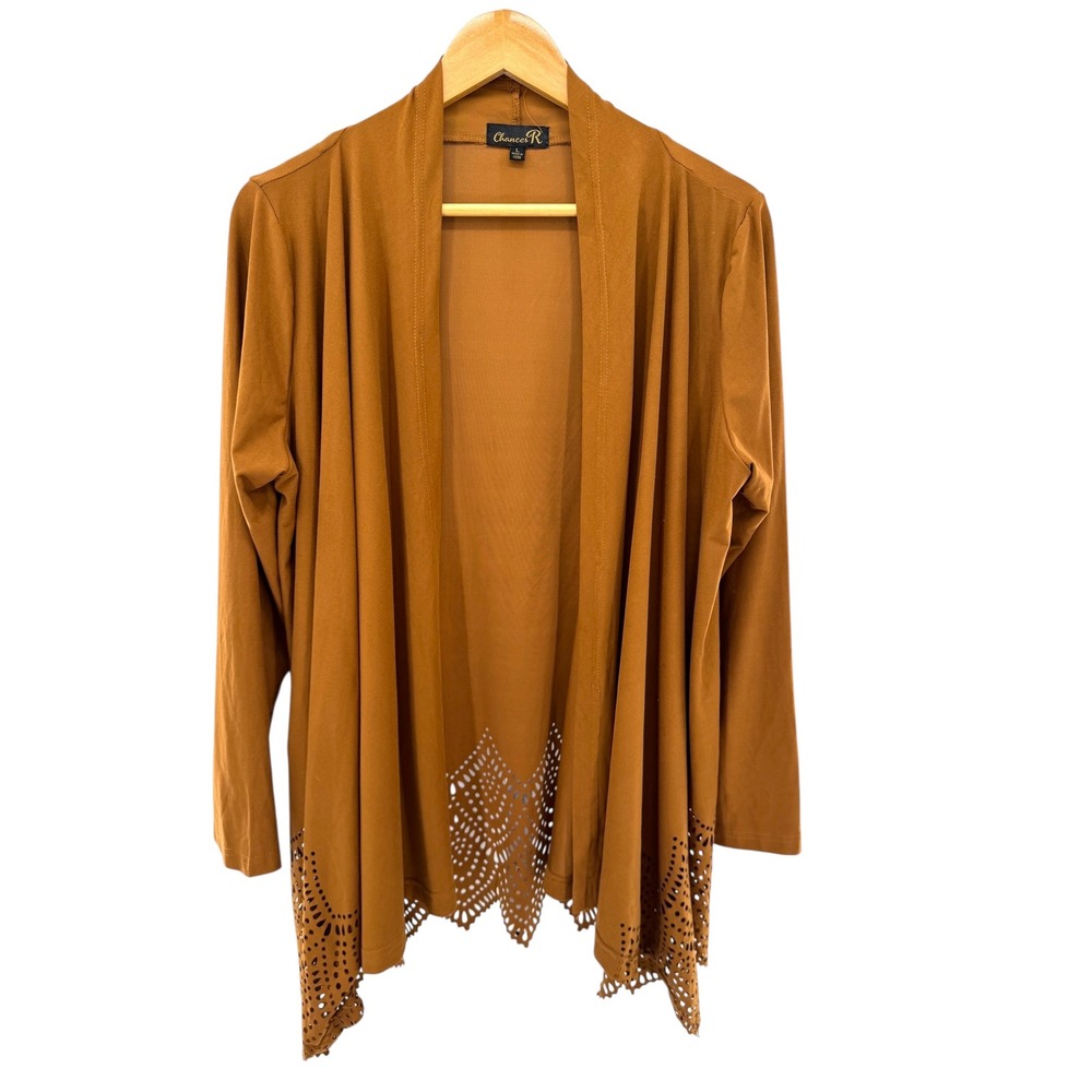 Chances‎ R Laser Cut Cardigan Jacket L Western Cowgirl Rust Brown Boho Duster